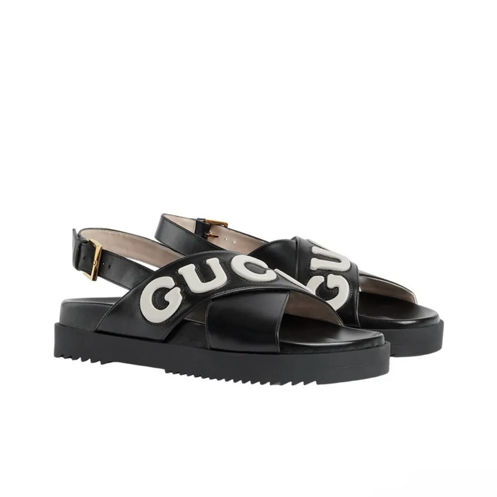 Gucci Black Leather Logo Slingback Sandals with White Lettering